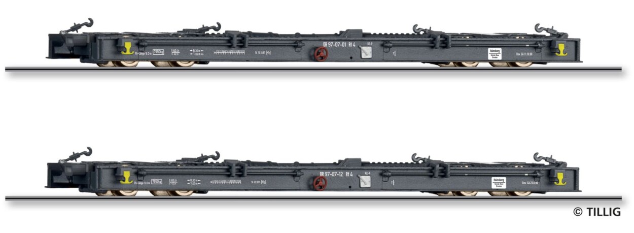 Tillig 05975 Güterwagenset der DR, bestehend aus zwei Schmalspur-Rollwagen Rf4, Ep. III
