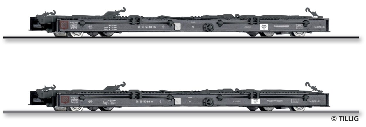 Tillig 15975 Güterwagenset der DR, bestehend aus zwei Schmalspur-Rollwagen Rf4, Ep. III