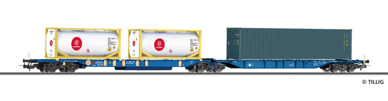 Tillig 77082 Doppeltragwagen Sdggmrs 744 der Eisenbahn Gesellschaft Potsdam mbH (EGP), beladen mit zwei 20‘ Tankcontainern und einem 40‘ Container, Ep. VI