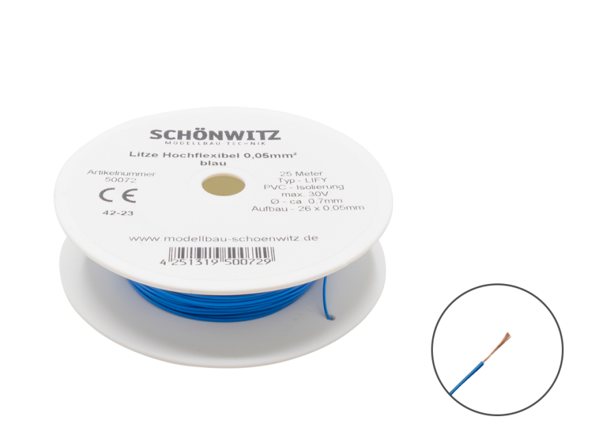 Schönwitz 50072 25 Meter Miniaturkabel Litze LIFY 0,05mm² blau
