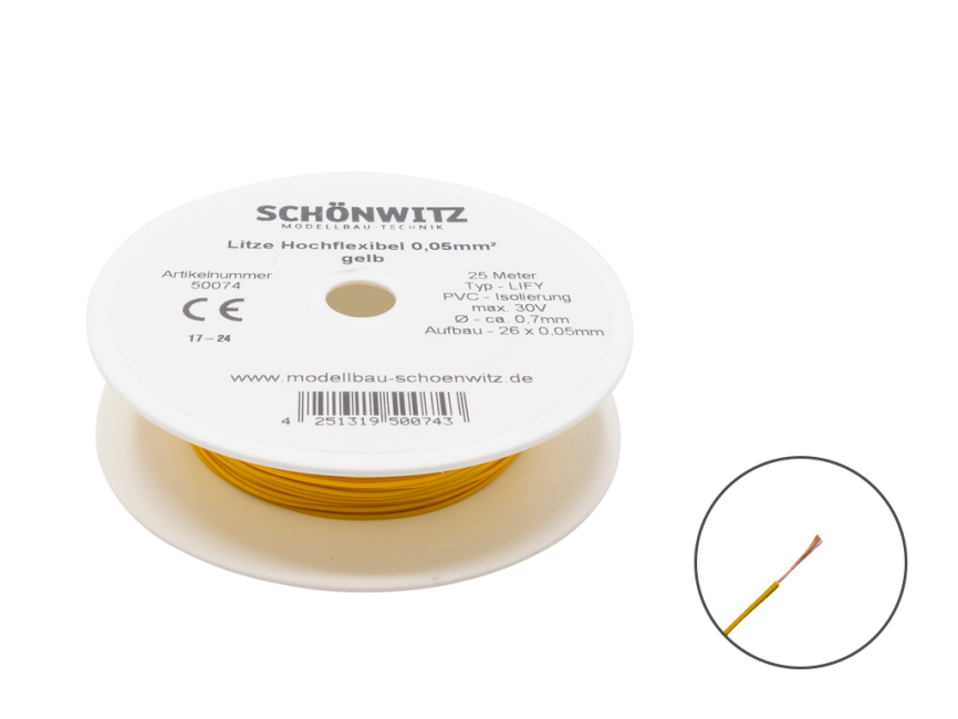 Schönwitz 50074 25 Meter Miniaturkabel Litze LIFY 0,05mm² gelb