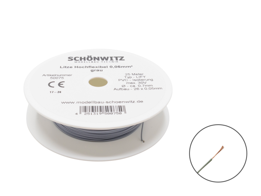 Schönwitz 50075 25 Meter Miniaturkabel Litze LIFY 0,05mm² grau