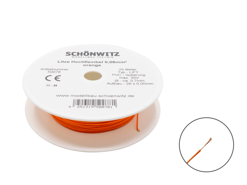 Schönwitz 50078 25 Meter Miniaturkabel Litze LIFY 0,05mm² orange