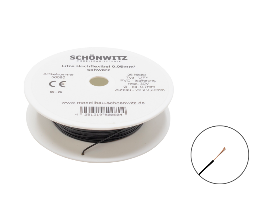 Schönwitz 50080 25 Meter Miniaturkabel Litze LIFY 0,05mm² schwarz
