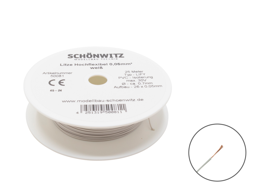Schönwitz 50081 25 Meter Miniaturkabel Litze LIFY 0,05mm² weiß