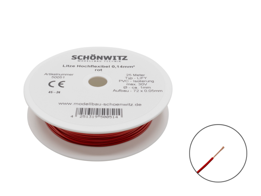 Schönwitz 50051 25 Meter Miniaturkabel Litze LIFY 0,14mm² rot