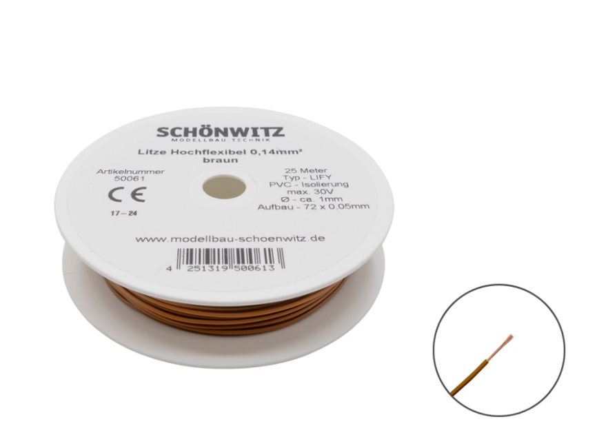 Schönwitz 50061 25 Meter Miniaturkabel Litze LIFY 0,14mm² braun