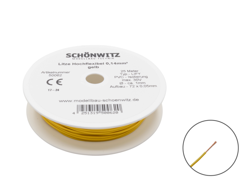 Schönwitz 50062 25 Meter Miniaturkabel Litze LIFY 0,14mm² gelb