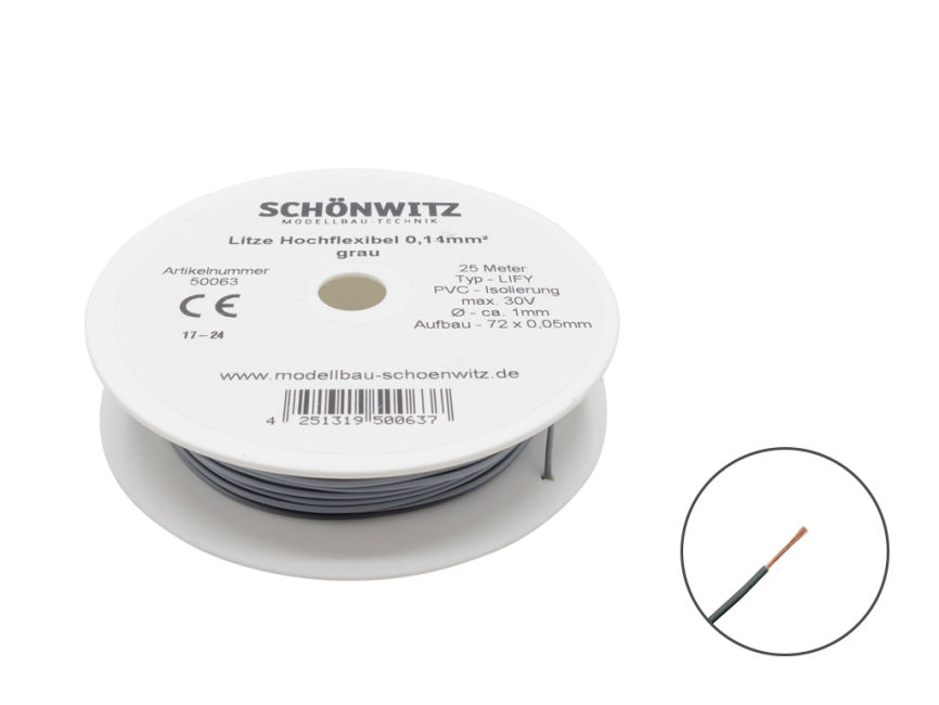 Schönwitz 50063 25 Meter Miniaturkabel Litze LIFY 0,14mm² grau