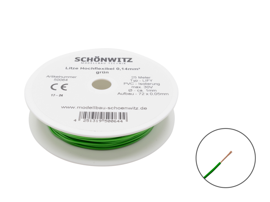 Schönwitz 50064 25 Meter Miniaturkabel Litze LIFY 0,14mm² grün