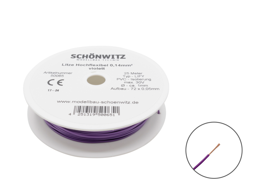 Schönwitz 50065 25 Meter Miniaturkabel Litze LIFY 0,14mm² lila