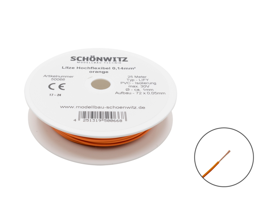 Schönwitz 50066 25 Meter Miniaturkabel Litze LIFY 0,14mm² orange