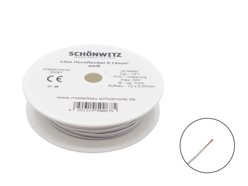 Schönwitz 50067 25 Meter Miniaturkabel Litze LIFY 0,14mm² weiß