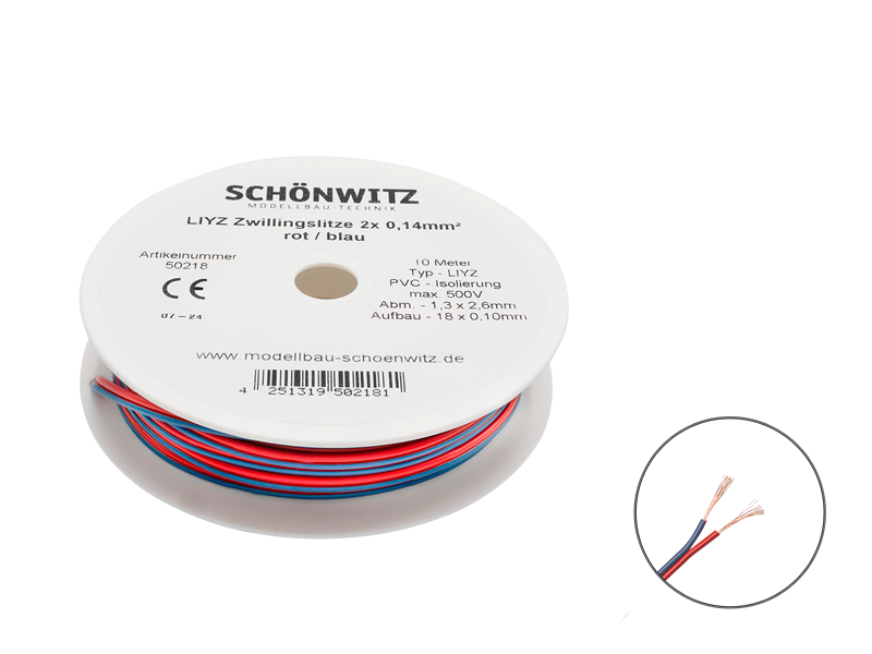 Schönwitz 50218 10m LIYZ Zwillingslitze 2x 0,14mm² rot / blau
