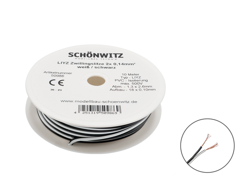 Schönwitz 50986 10m LIYZ Zwillingslitze 2x 0,14mm² weiß / schwarz