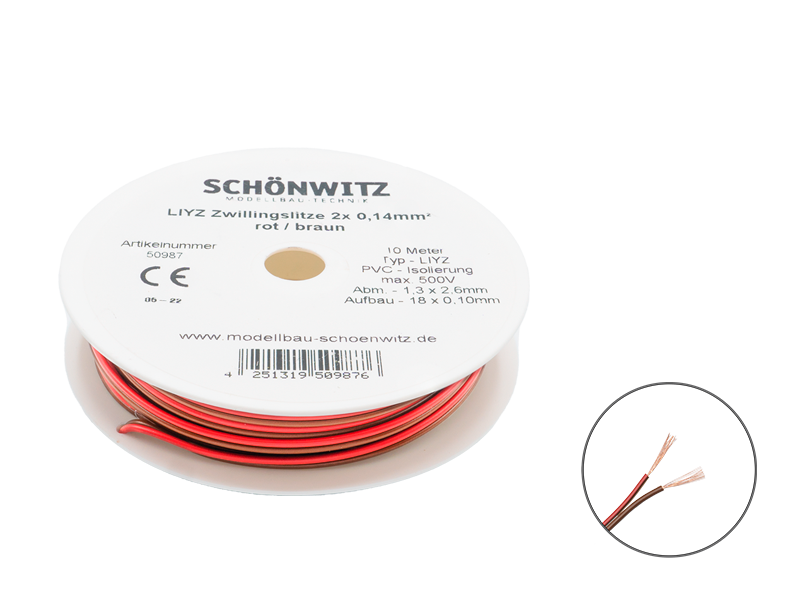 Schönwitz 50987 10m LIYZ Zwillingslitze 2x 0,14mm² rot / braun
