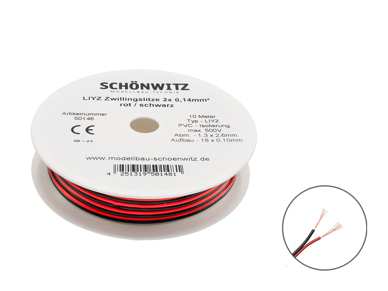 Schönwitz 50148 10m LIYZ Zwillingslitze 2x 0,14mm² rot / schwarz