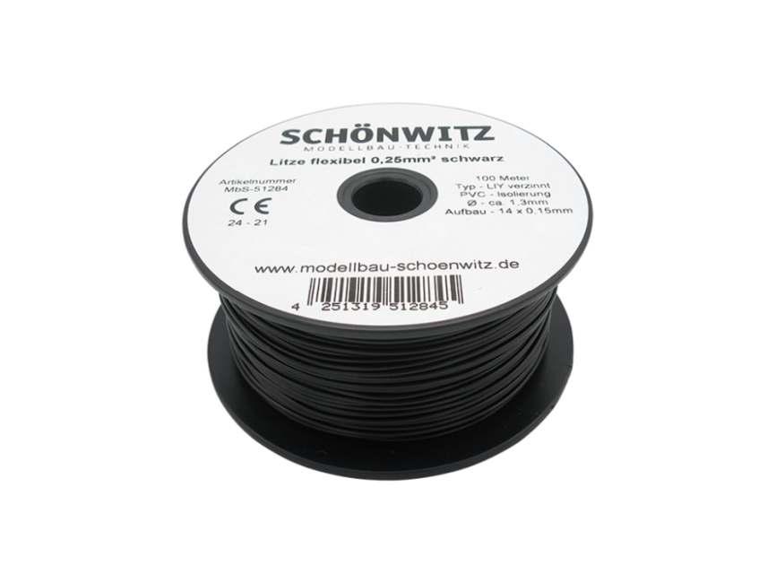 Schönwitz 51284 100 Meter Miniaturkabel Litze flexibel LIY 0,25mm² schwarz
