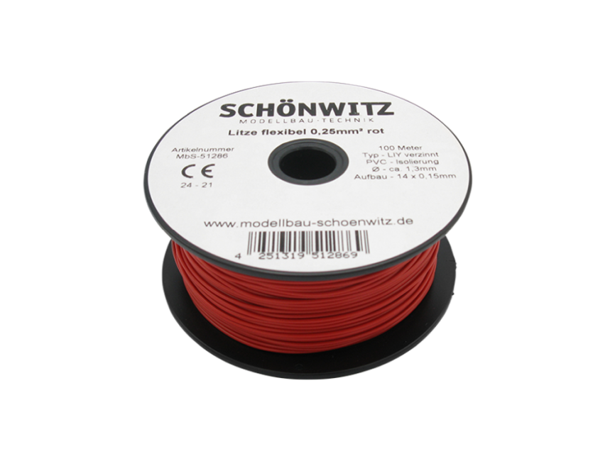 Schönwitz 51286 100 Meter Miniaturkabel Litze flexibel LIY 0,25mm² rot