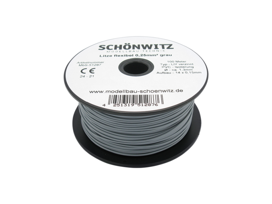 Schönwitz 51287 100 Meter Miniaturkabel Litze flexibel LIY 0,25mm² grau