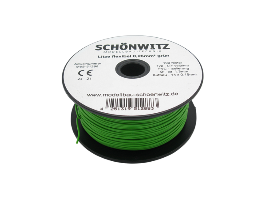 Schönwitz 51288 100 Meter Miniaturkabel Litze flexibel LIY 0,25mm² grün