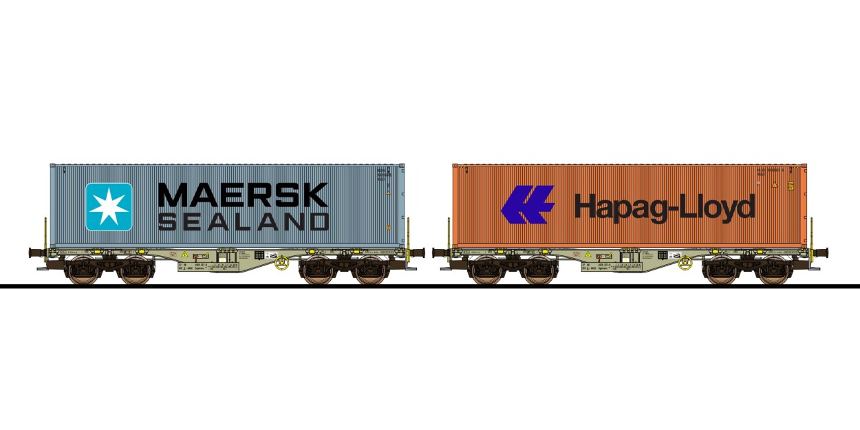 ESU 36604 Containertragwagen 2er-Set, H0, Sgmmns, Container MSKU + HLXU, DC