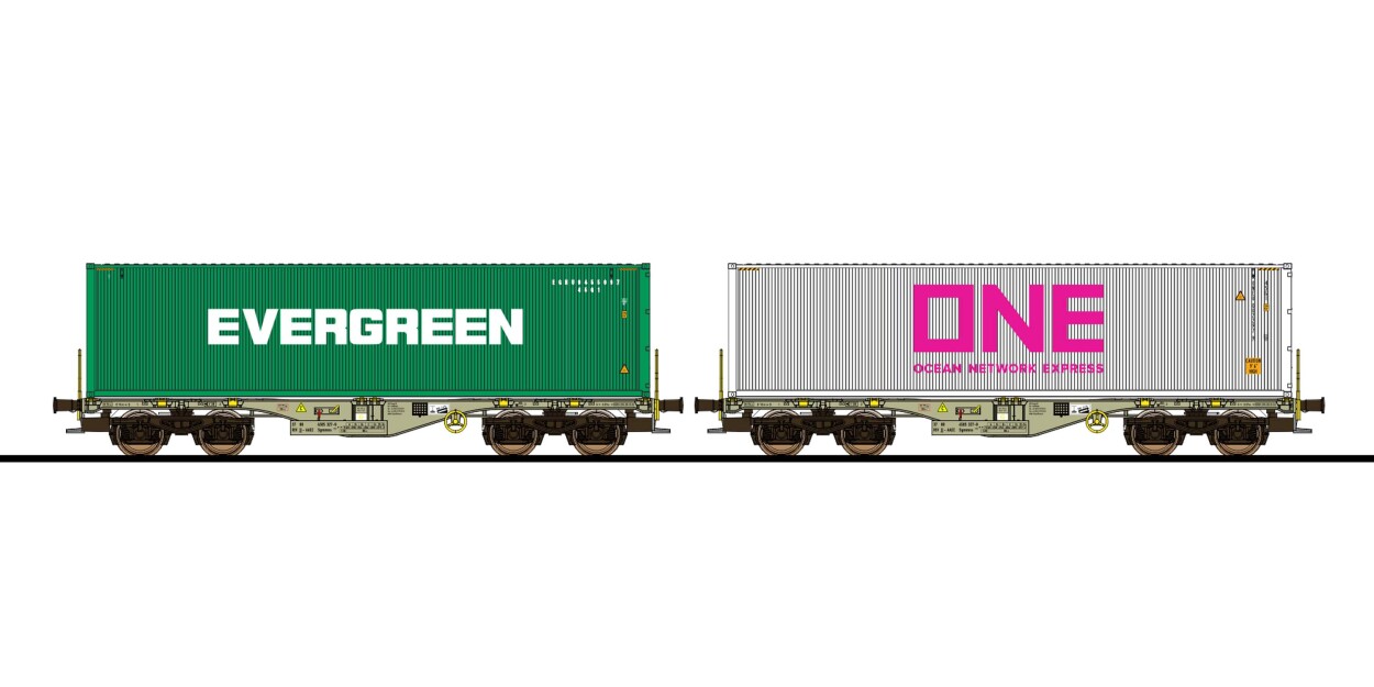 ESU 36611 Containertragwagen 2er-Set, H0, Sgmmns, Container EGHU + ONEU, DC