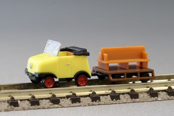 KRES 88805 Gleiskraftrad GKR Typ 1 Schienentrabi gelb mit 2achsigem Anhänger, Bausatz
