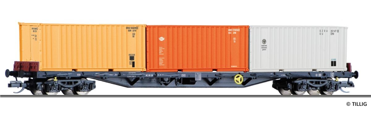 Tillig 18145 Containertragwagen Rgs 3910 der DR, beladen mit drei 20‘ Containern, Ep. IV