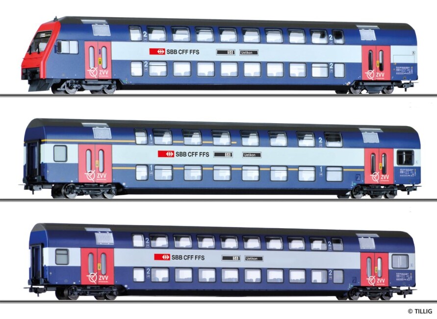 Tillig 70083 Doppelstockwagenset der SBB, bestehend aus einem Steuerwagen und 2 Personenwagen, Ep. V/VI