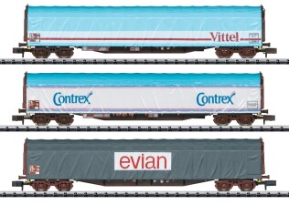 Minitrix 15375 3-Set Schiebeplanenwagen &quot;Mineralwassertransport&quot;, Ep. V SNCF